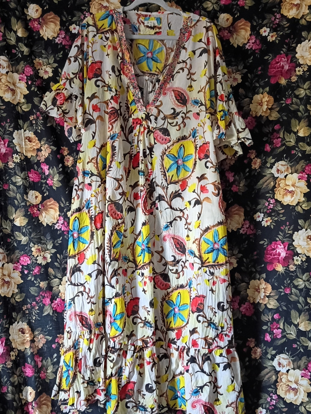 POL White Maxi Dress with Yellow & Blue Floral Medallions